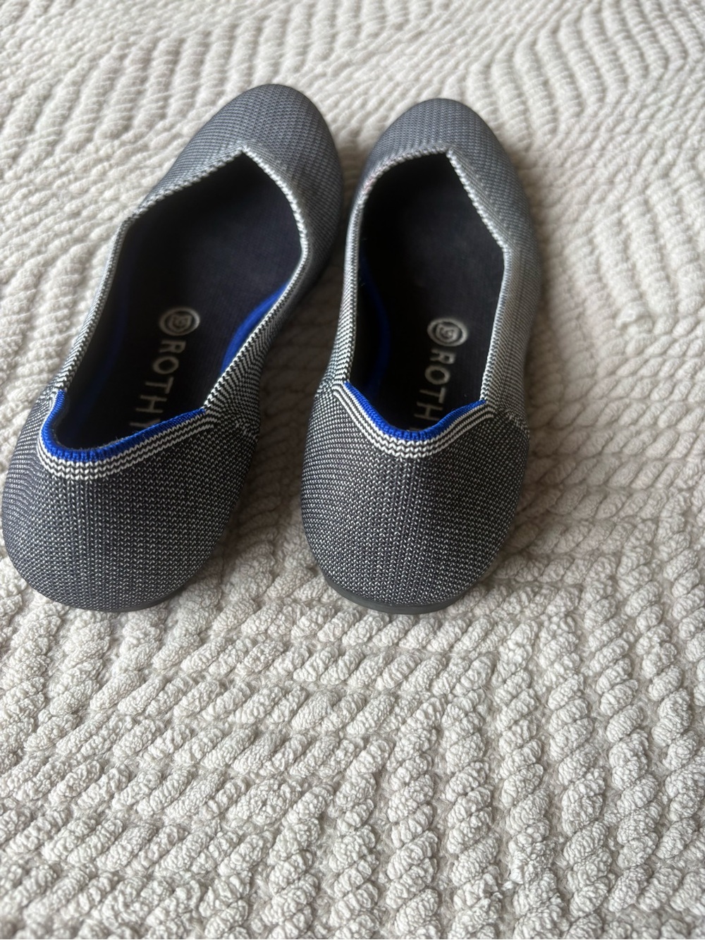 Rothy's Black and White Knit Slip-On Loafers with Blue Trim - Picture 2 of 3